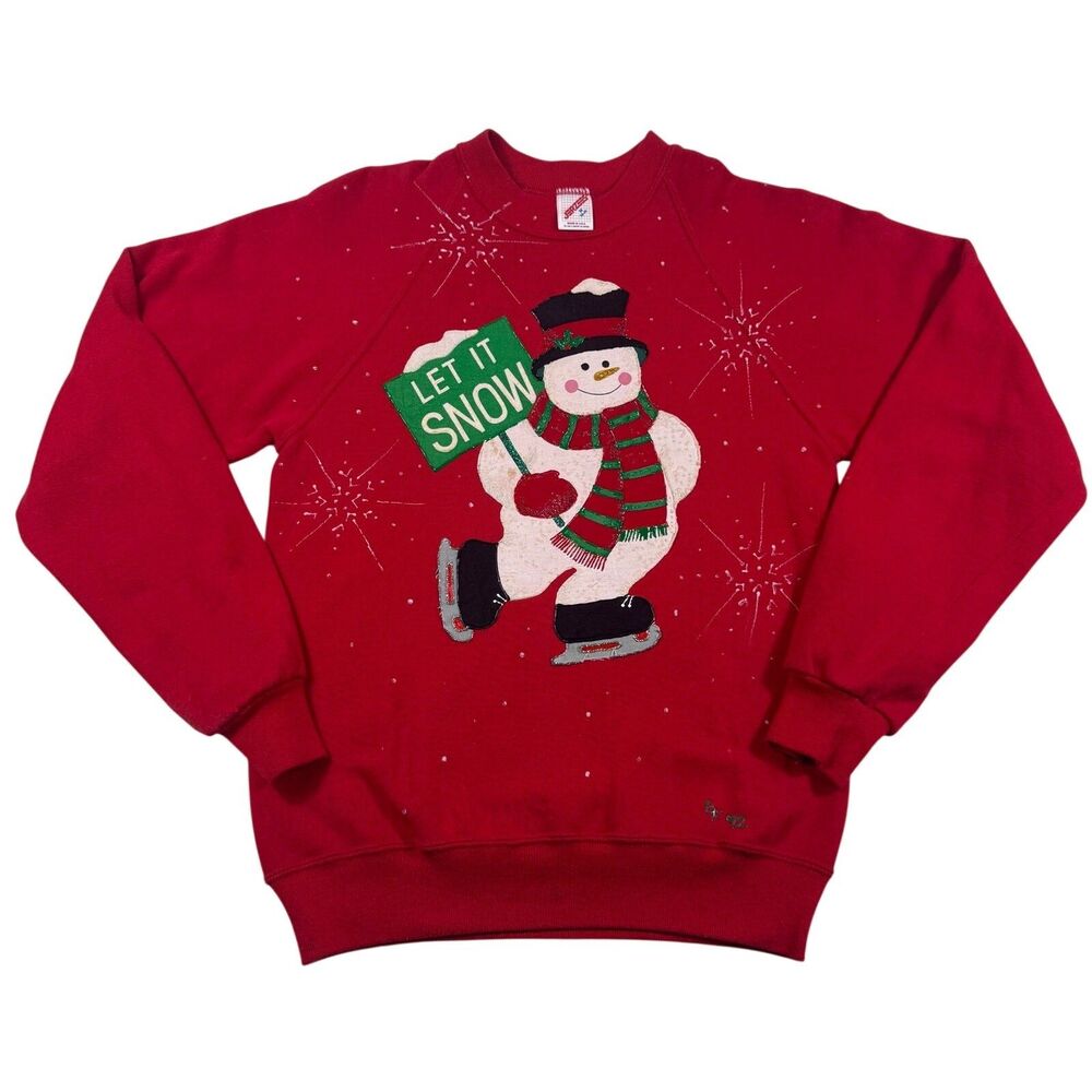 Vintage 1992 Jerzees Christmas Sweatshirt M Let It Snow Snowman USA 90s